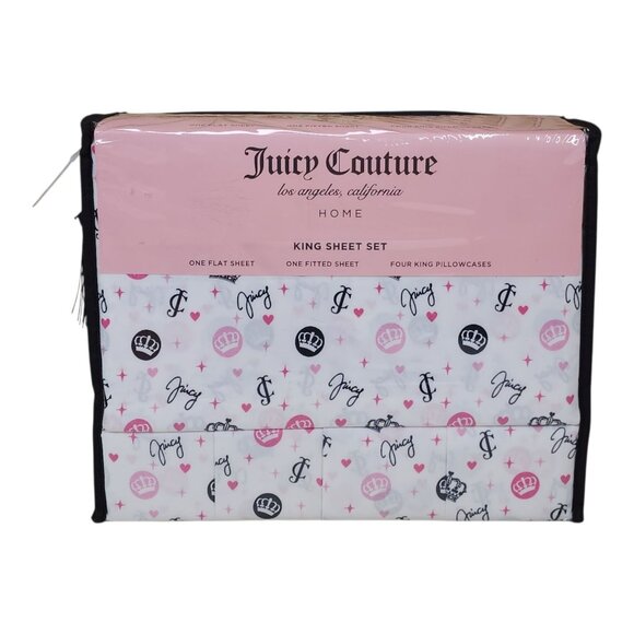 Juicy Couture King Sheet Set Logo Print Pink Black White Polyester - Picture 1 of 9